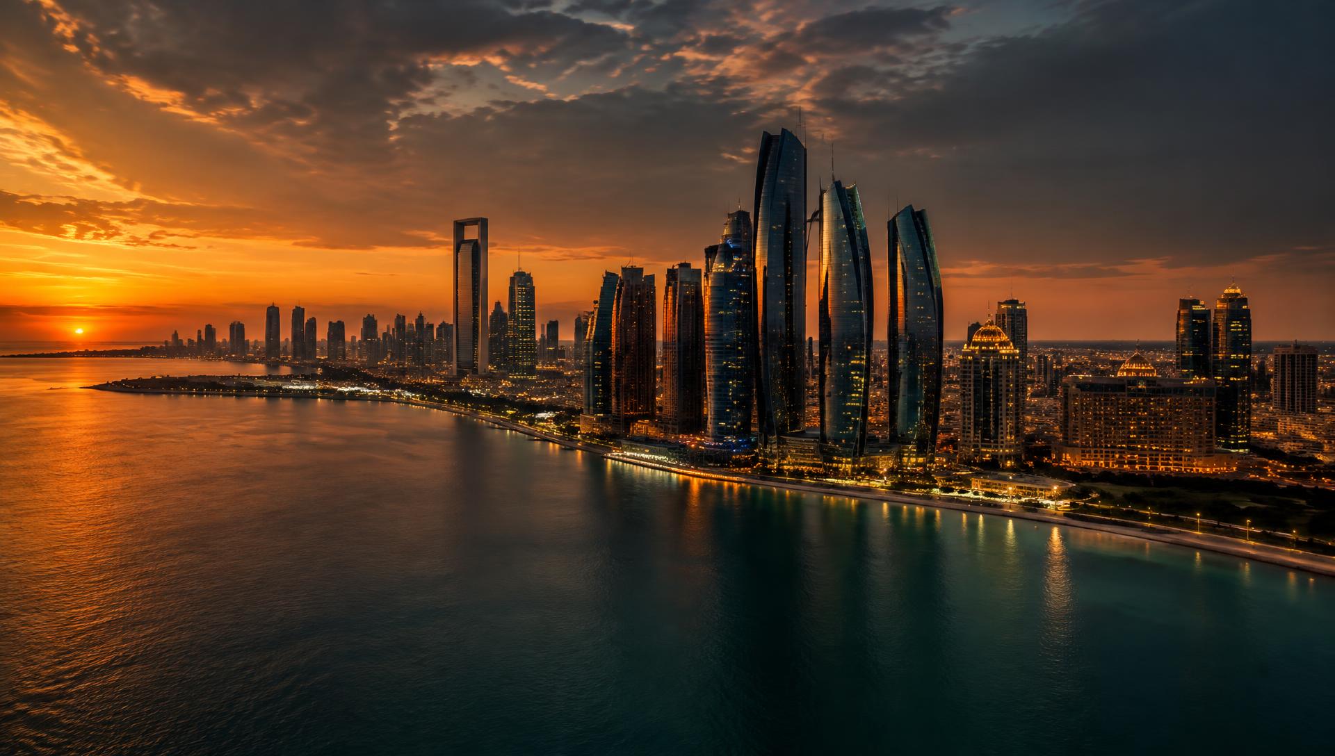 Abu Dhabi skyline at dusk, with illuminated towers along the Corniche waterfront